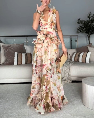 Faith | Elegant V-Neck Open Back Ruffle Print Dress