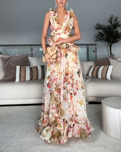 Faith | Elegant V-Neck Open Back Ruffle Print Dress