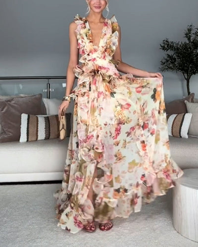 Faith | Elegant V-Neck Open Back Ruffle Print Dress
